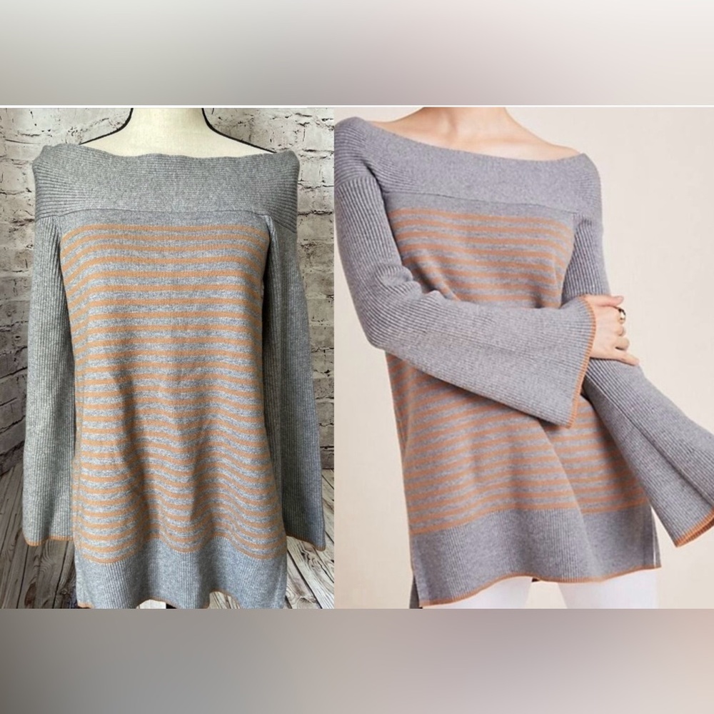Anthropologie‎ Womens Sweater S Elise Grey Striped Tunic  Ribbed Casual